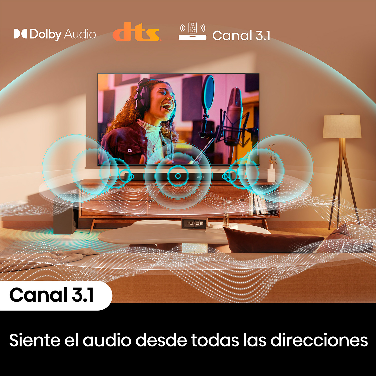 Una sala de estar con TV y barra de sonido. El texto dice 'Canal 3.1' e información de audio.
