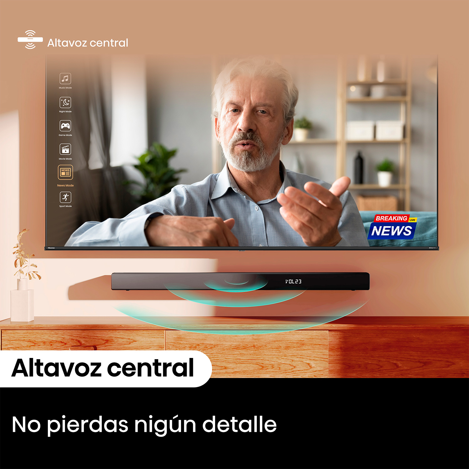 Una barra de sonido debajo de un televisor que muestra a un hombre en un programa de noticias; texto: 'Altavoz central'.