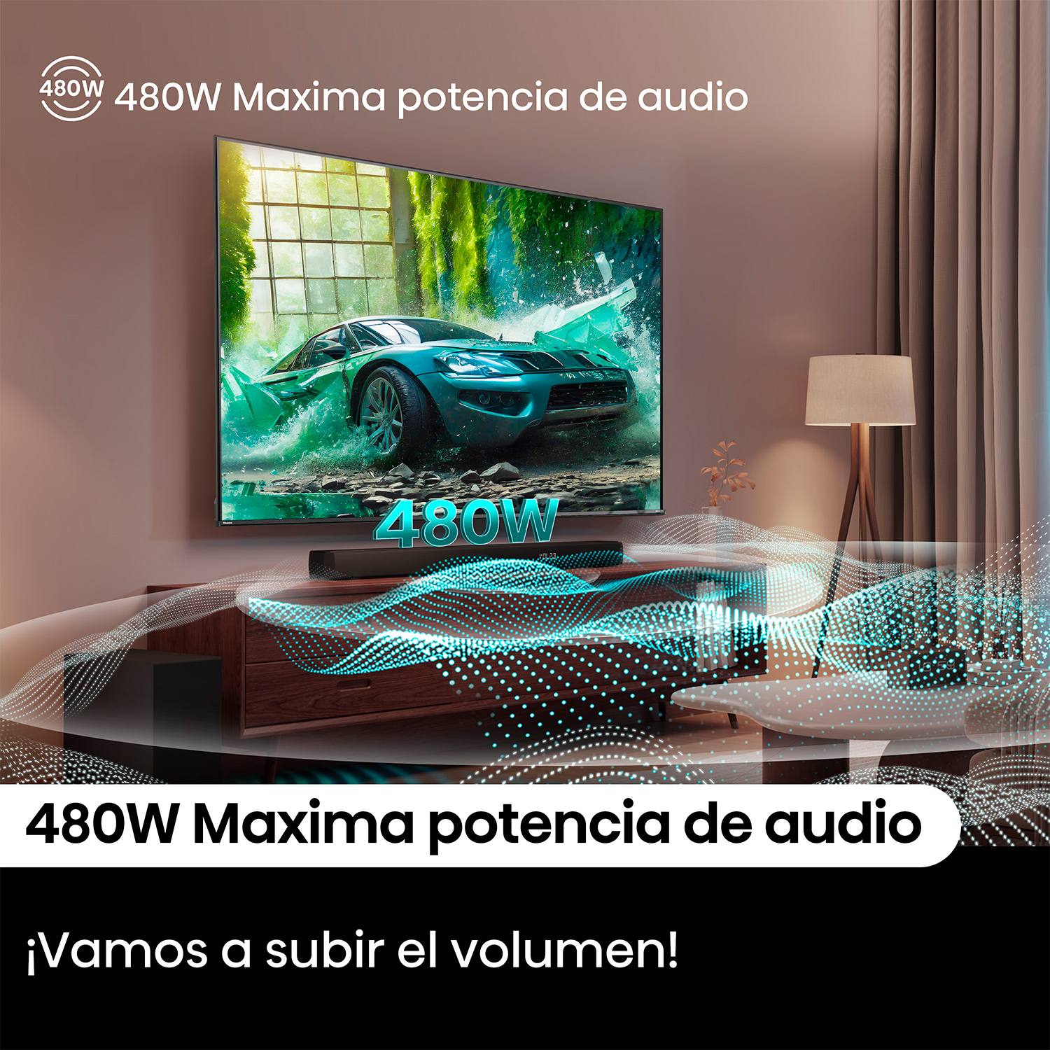Una imagen promocional con un televisor y una escena de coche deportivo.