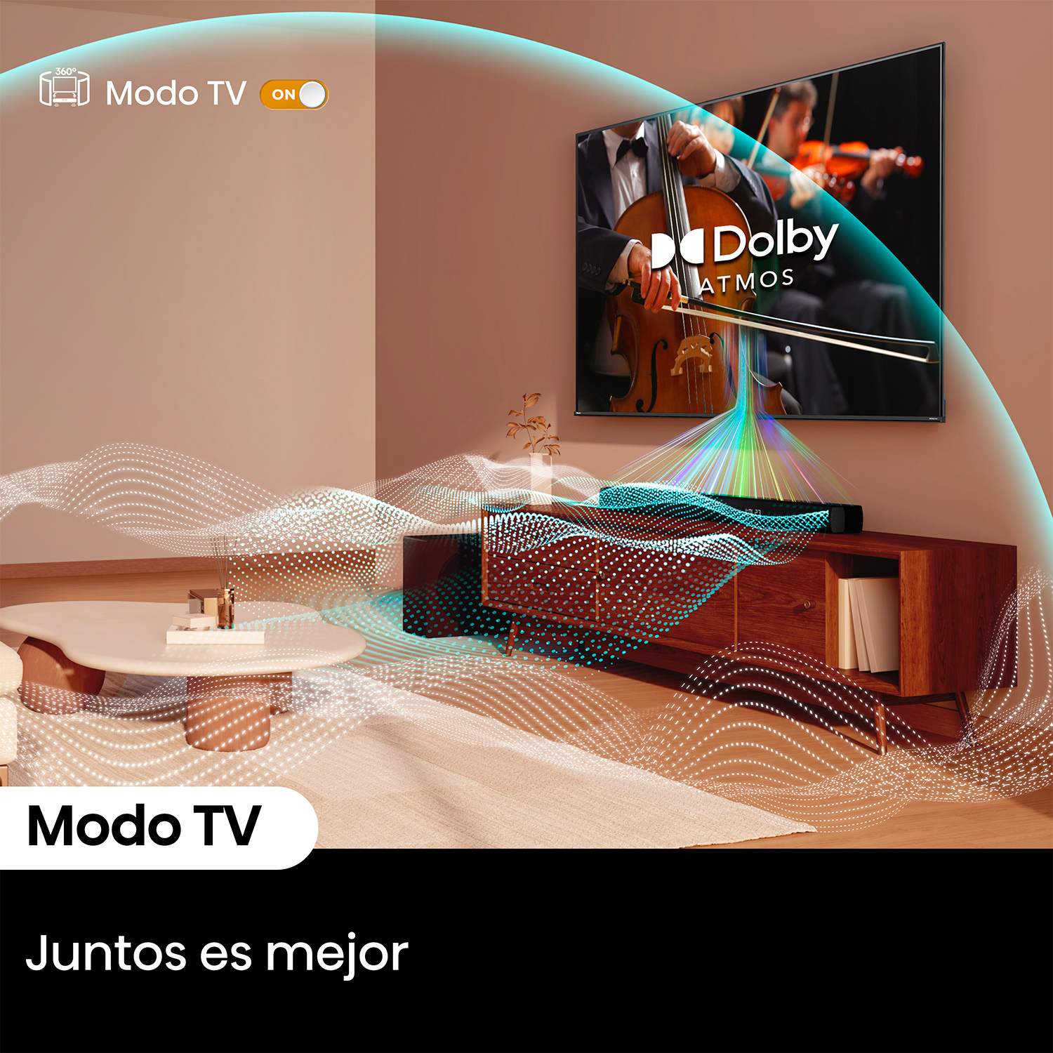 Escena de salón con TV mostrando un concierto, barra de sonido, mesa de centro y alfombra.