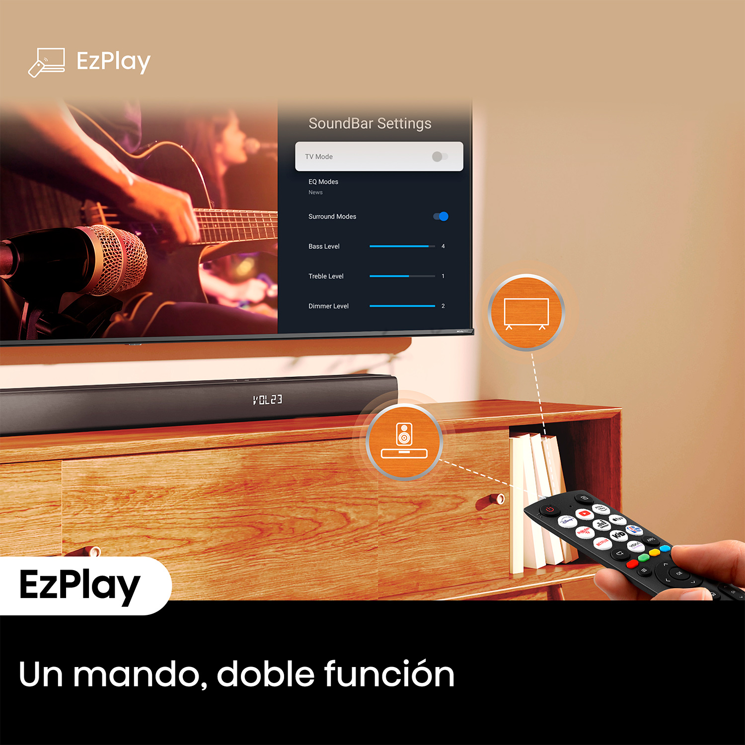 Pantalla de TV mostrando ajustes de barra de sonido, control remoto y barra de sonido.