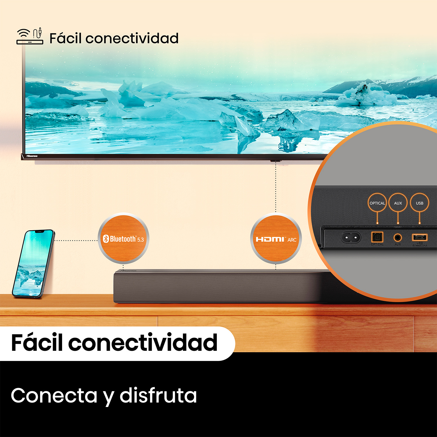 Una pantalla de TV, barra de sonido y smartphone con diagramas de conexión y texto.