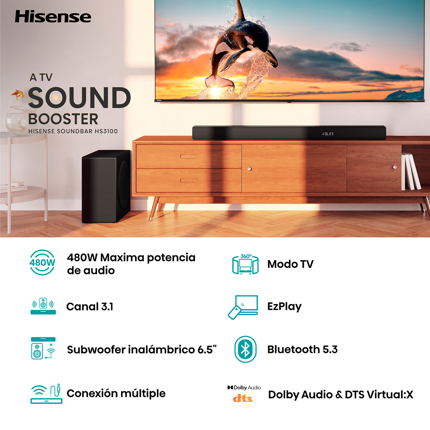 TV y barra de sonido con subwoofer e iconos que describen las características.