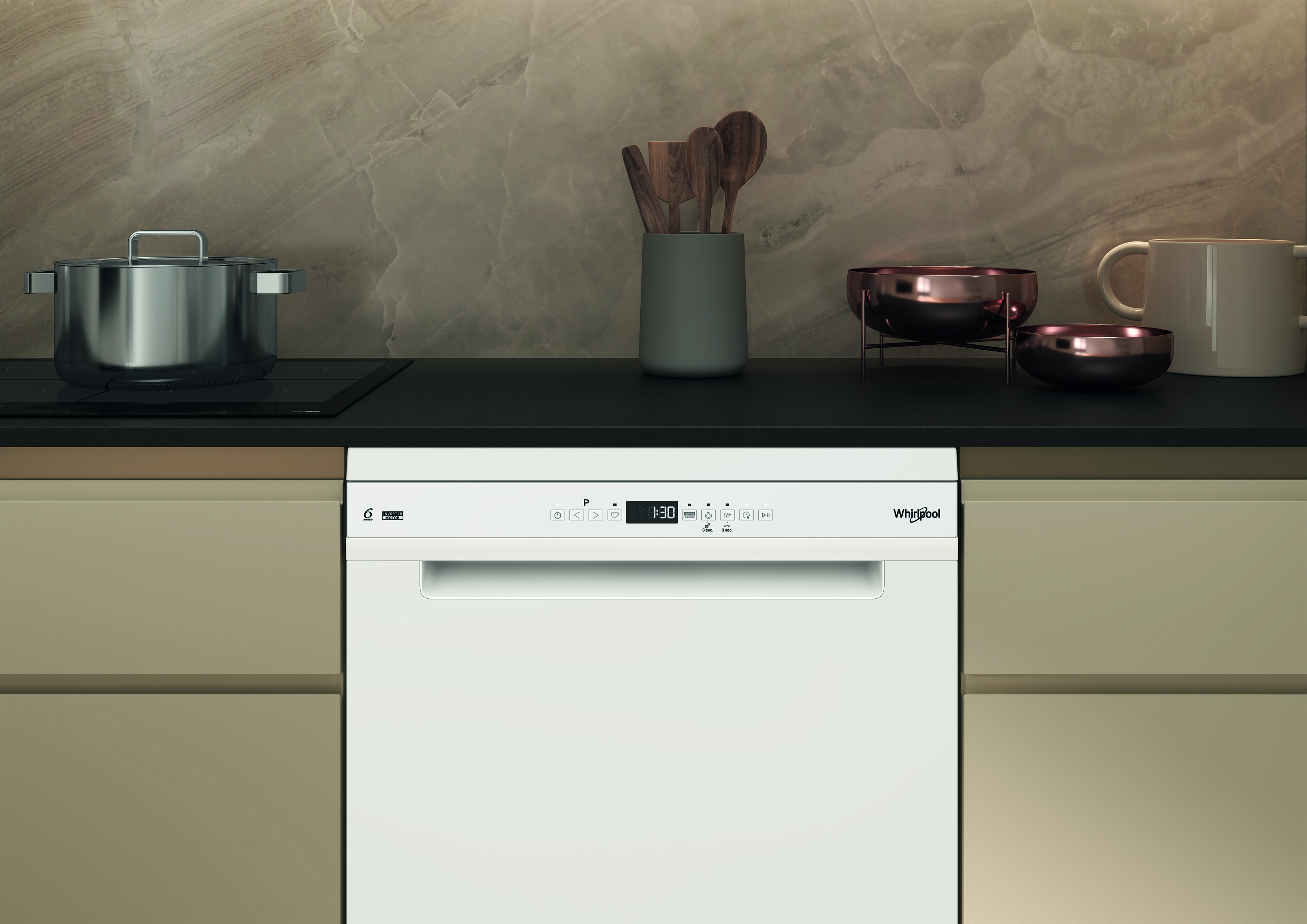 Lavavajillas blanco en la cocina, con utensilios y decoración.