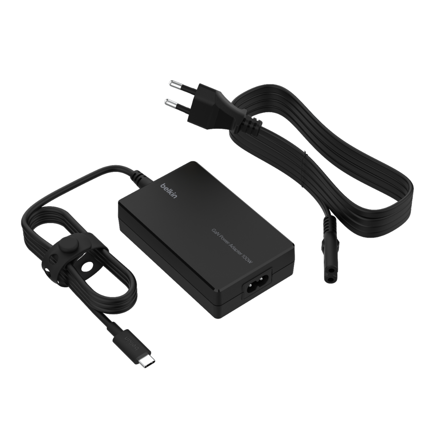 Black Belkin GaN Power Adapter 100W. It has a USB-C cable and a power cable with a two-prong plug.
