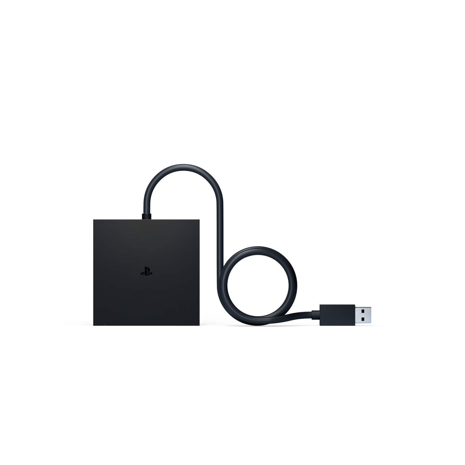 PlayStation 5 media afstandsbediening met een zwarte kabel en USB-connector.