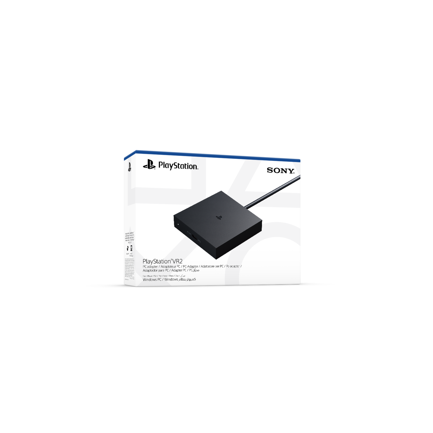 Een PlayStation VR2-doos op een zwart oppervlak met de PlayStation- en Sony-logo's.