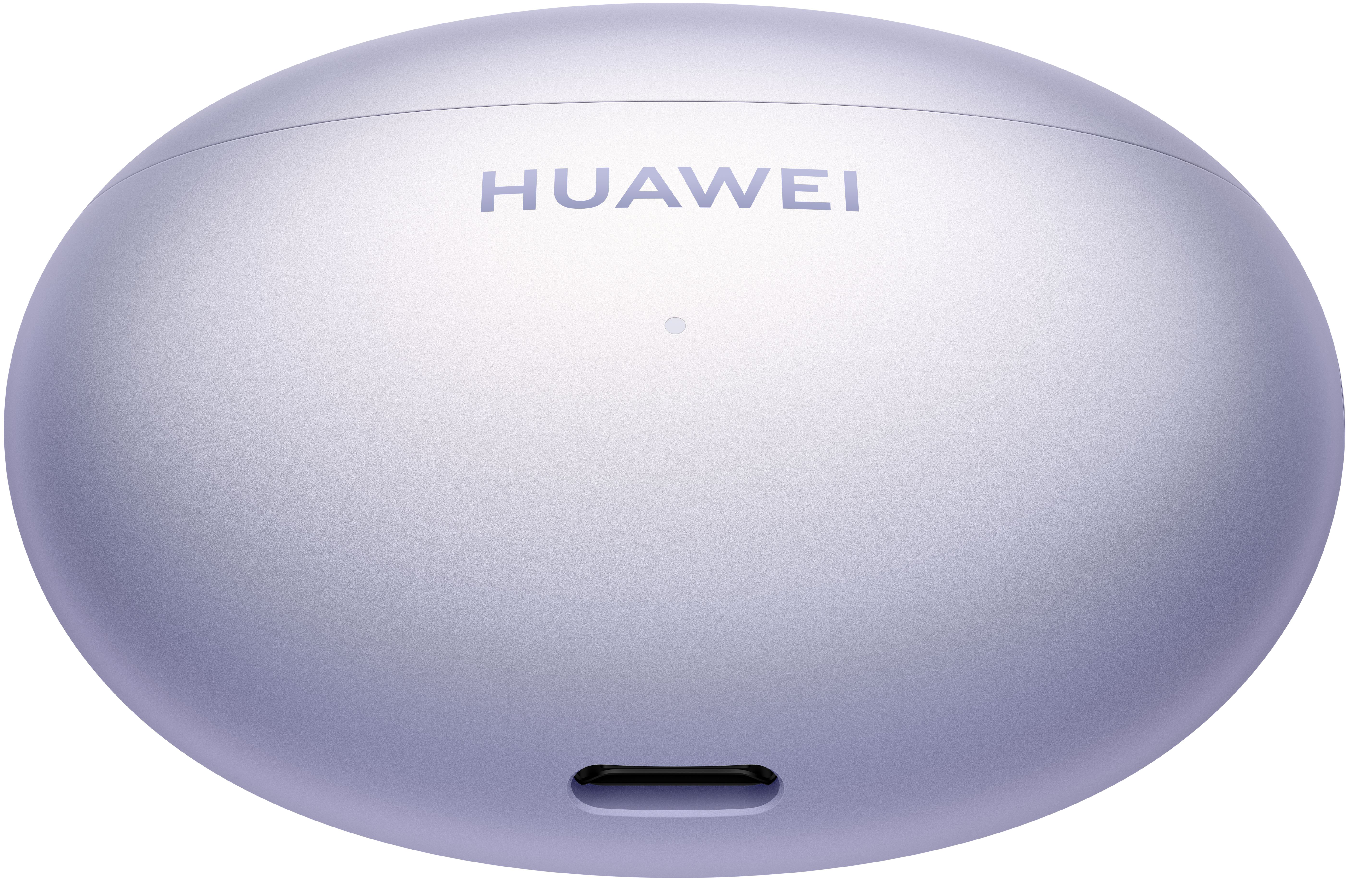 Egy fényes, lila Huawei töltőtok. A „HUAWEI” szó van a tetejére nyomtatva.