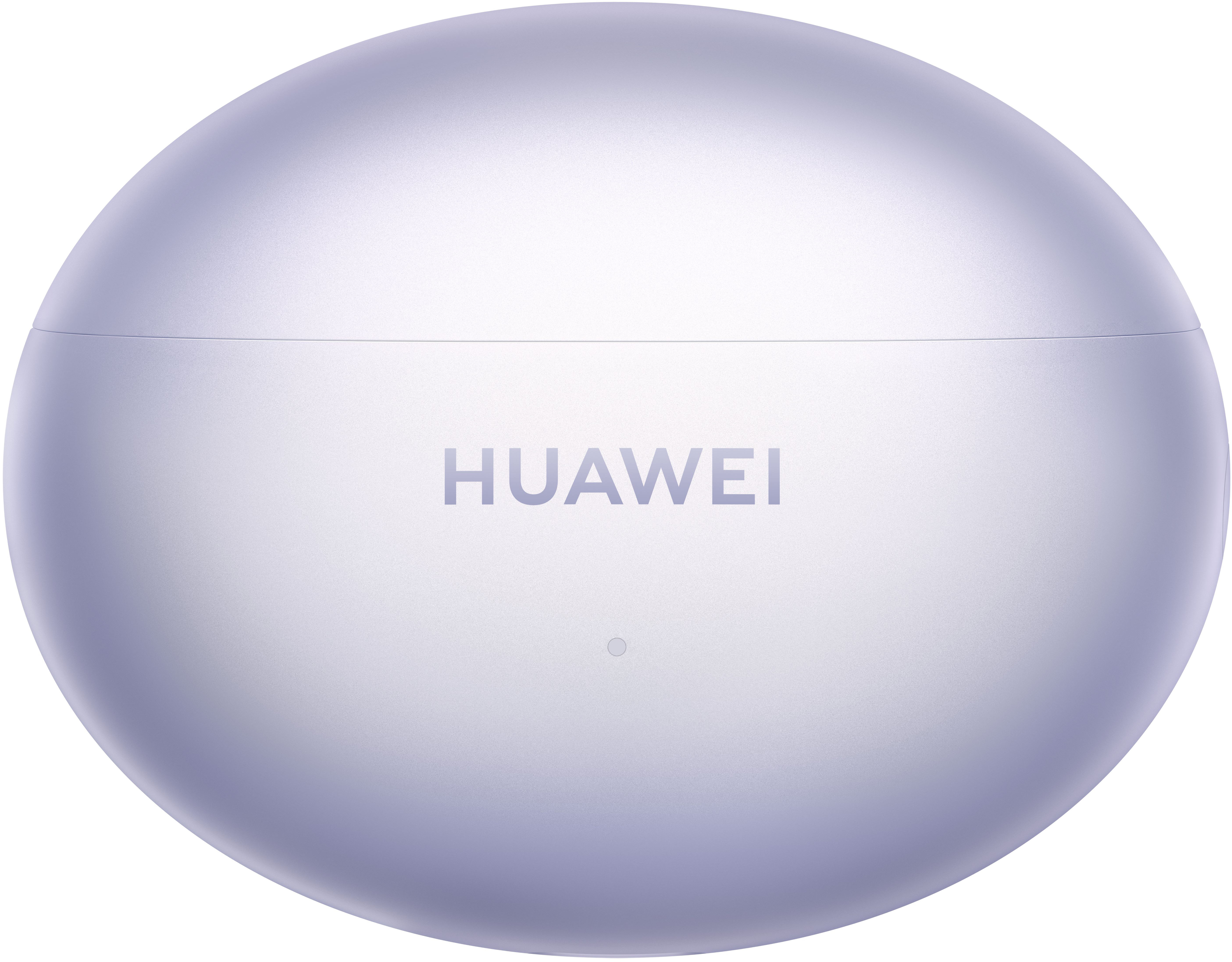Egy kerek, világos lila töltőtok Huawei fülhallgatóhoz, a márkanevével.