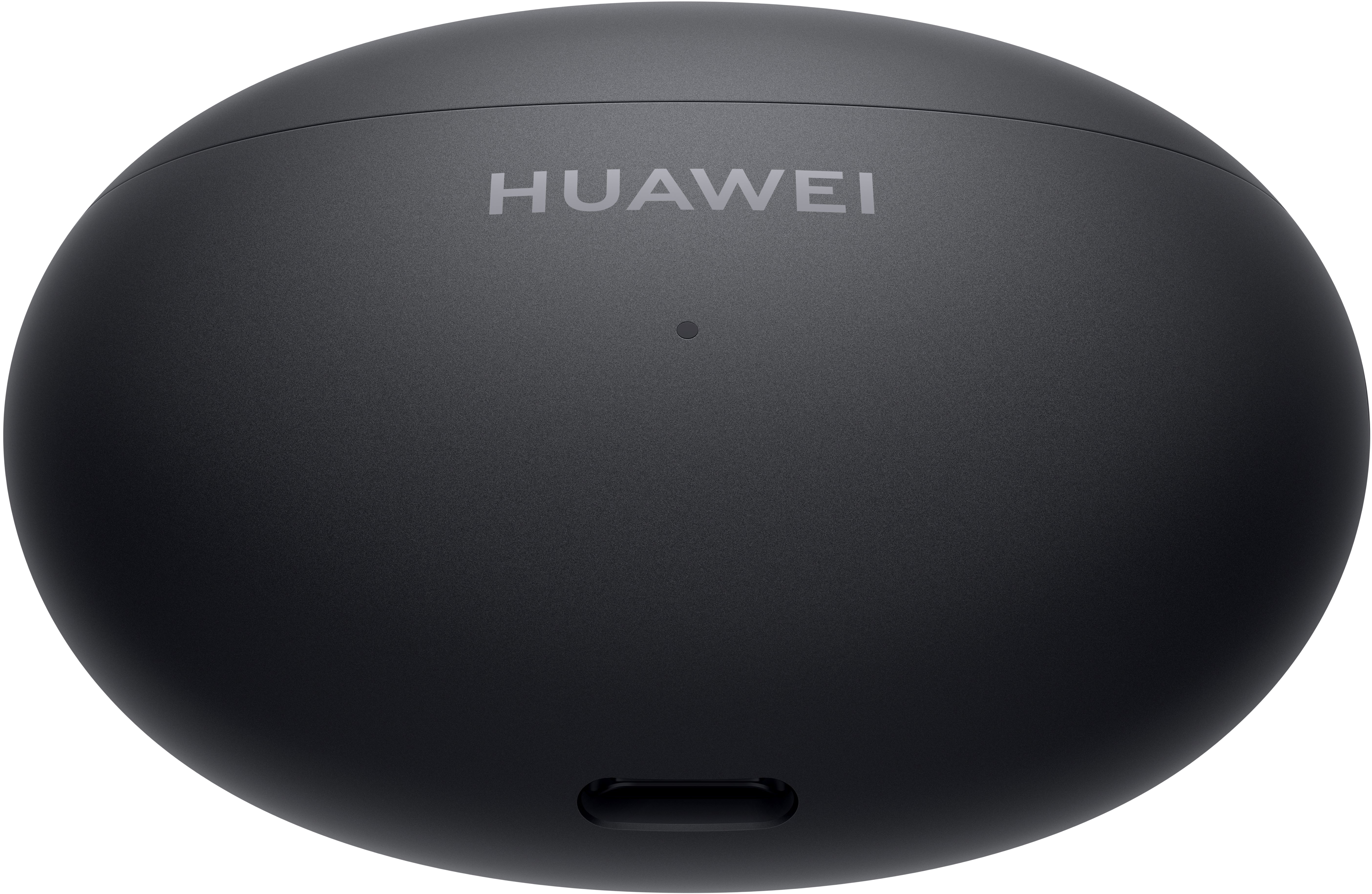 Fekete, ovális alakú Huawei fülhallgatótok a márkanevvel nyomtatva.