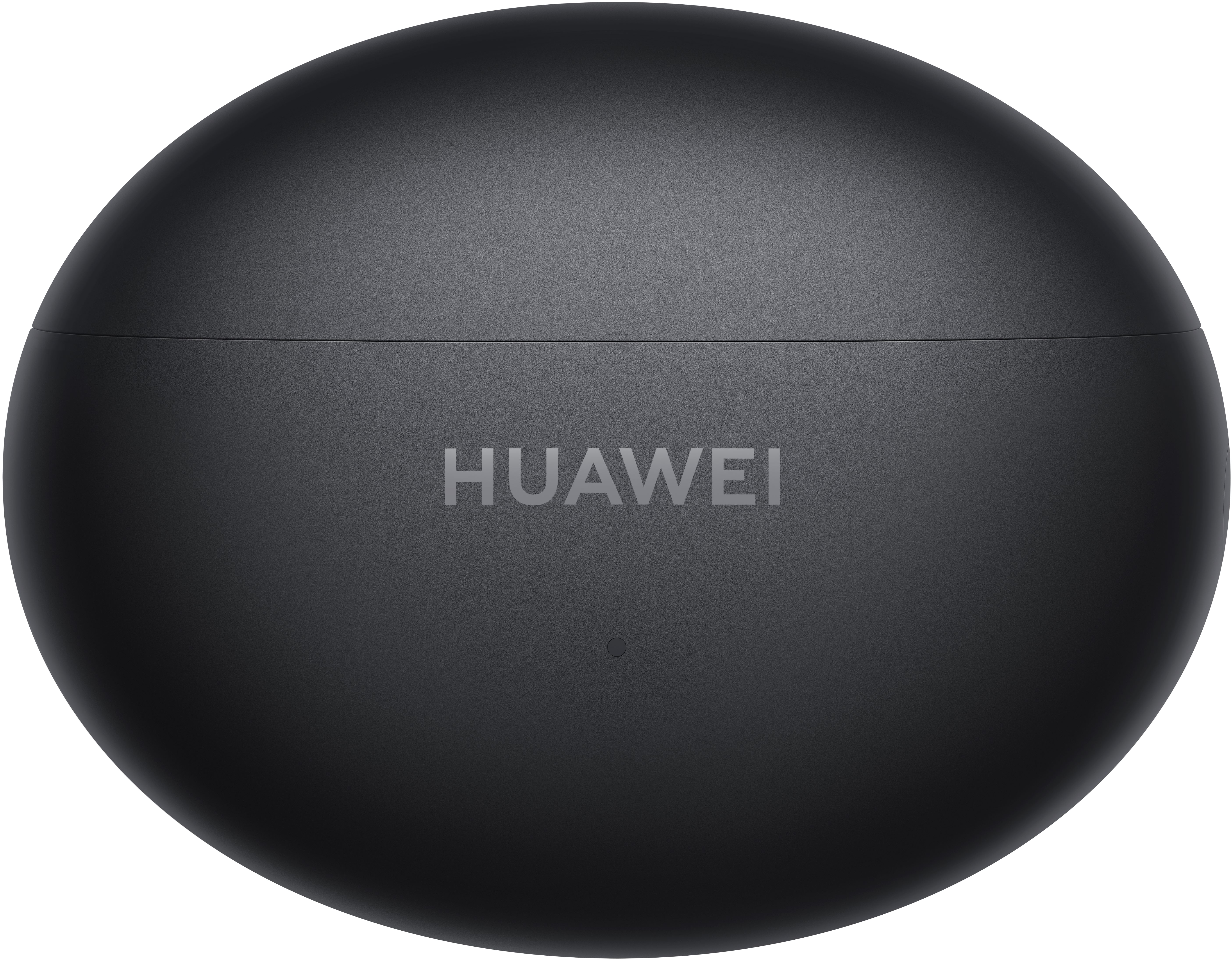 Fekete ovális alakú Huawei fülhallgató töltőtok, felülnézet.