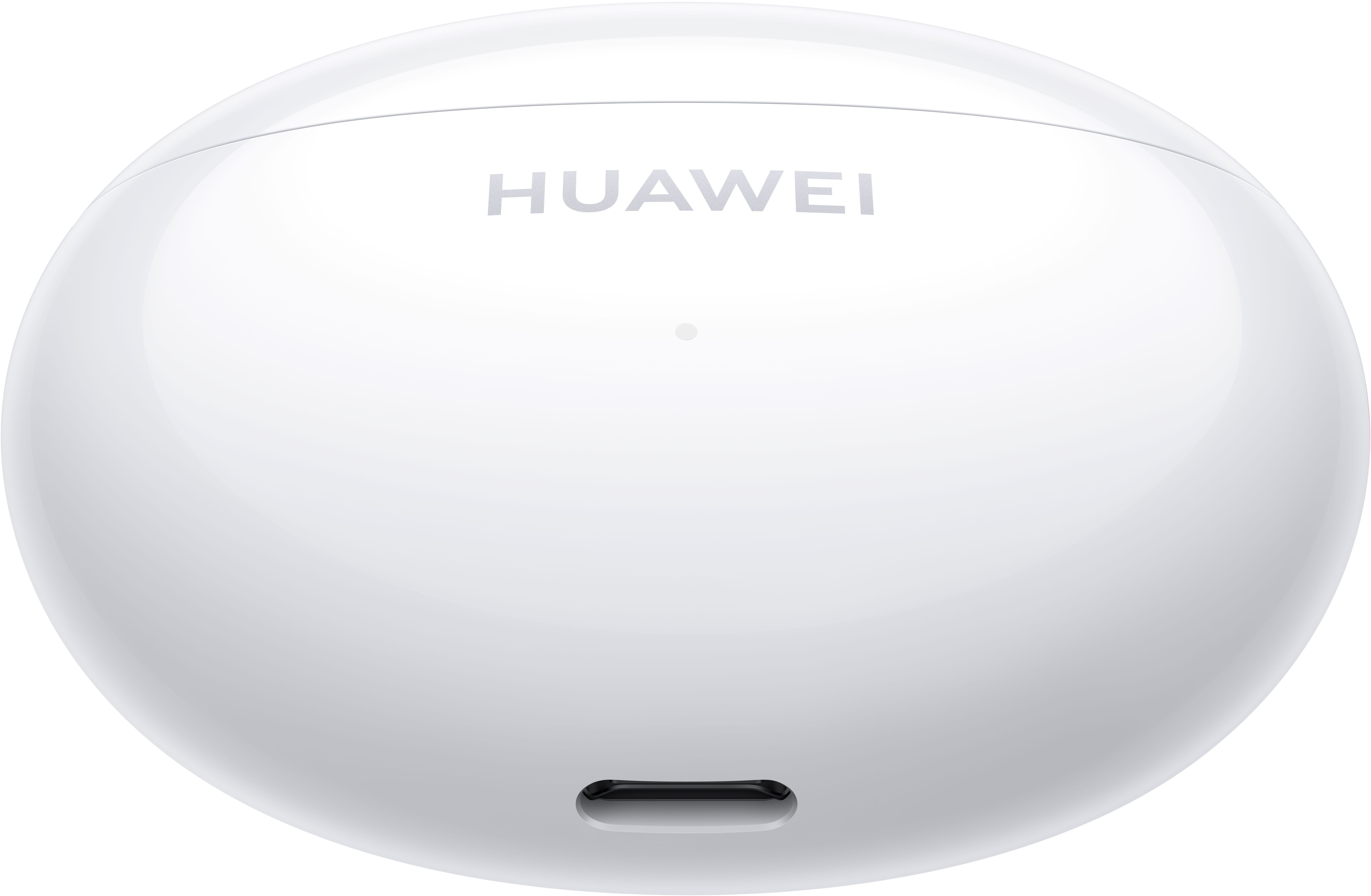 Fehér Huawei töltőtok fülhallgatókhoz, a márkanévvel a tetején.