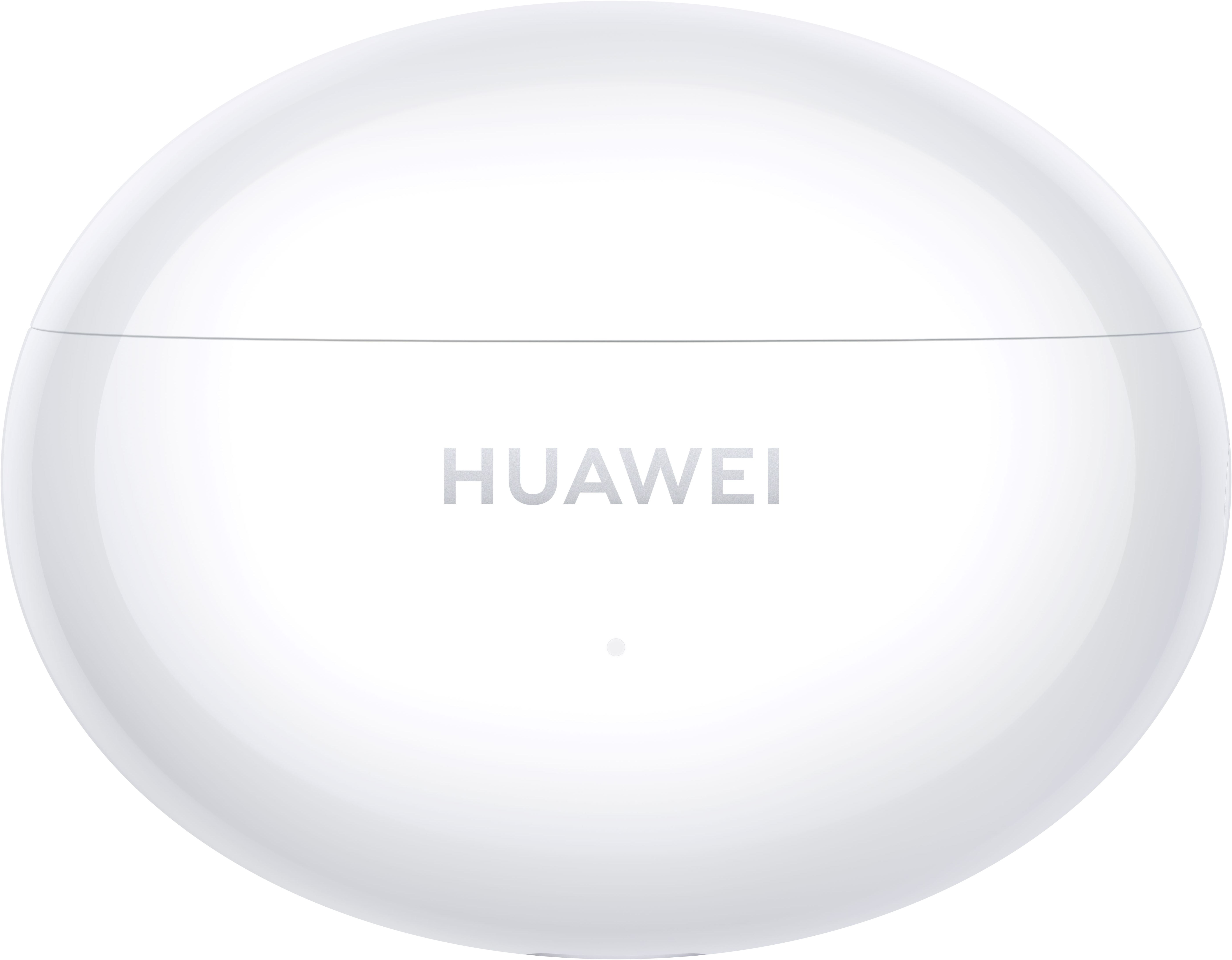 Fehér, lekerekített Huawei fülhallgató töltőtok, rajta a márkanévvel.