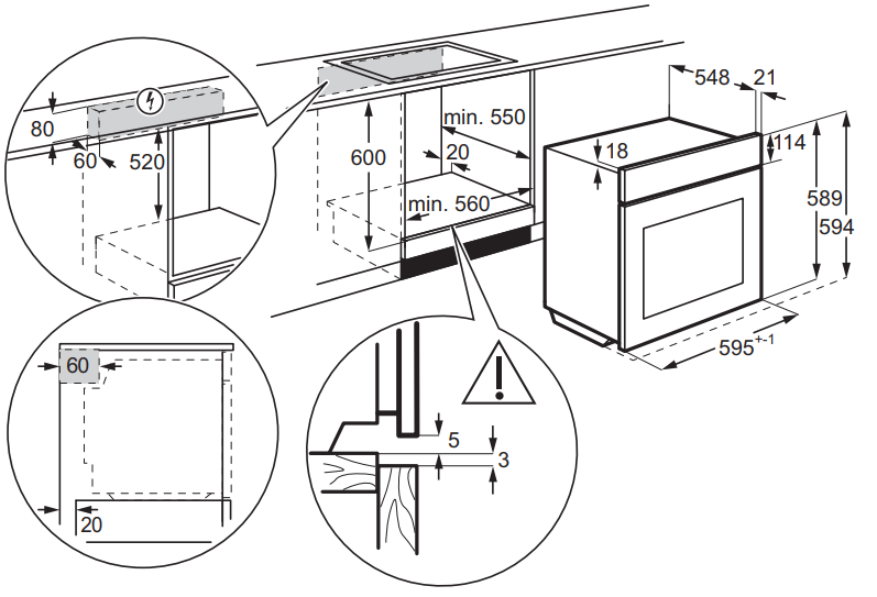 Diagram a beépített sütő méreteivel és dimenzióival a telepítéshez.