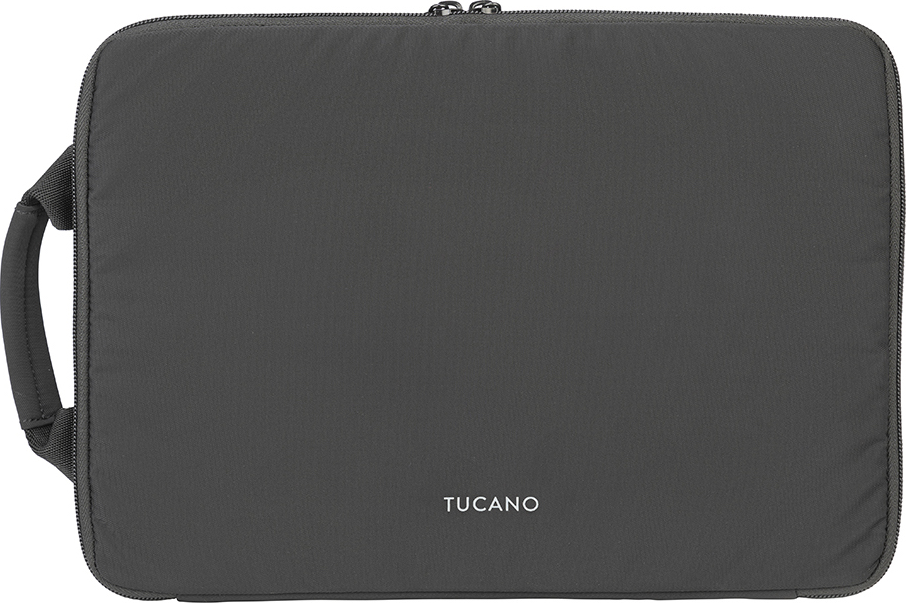 Une housse pour ordinateur portable Tucano gris foncé avec une poignée et le logo TUCANO blanc.