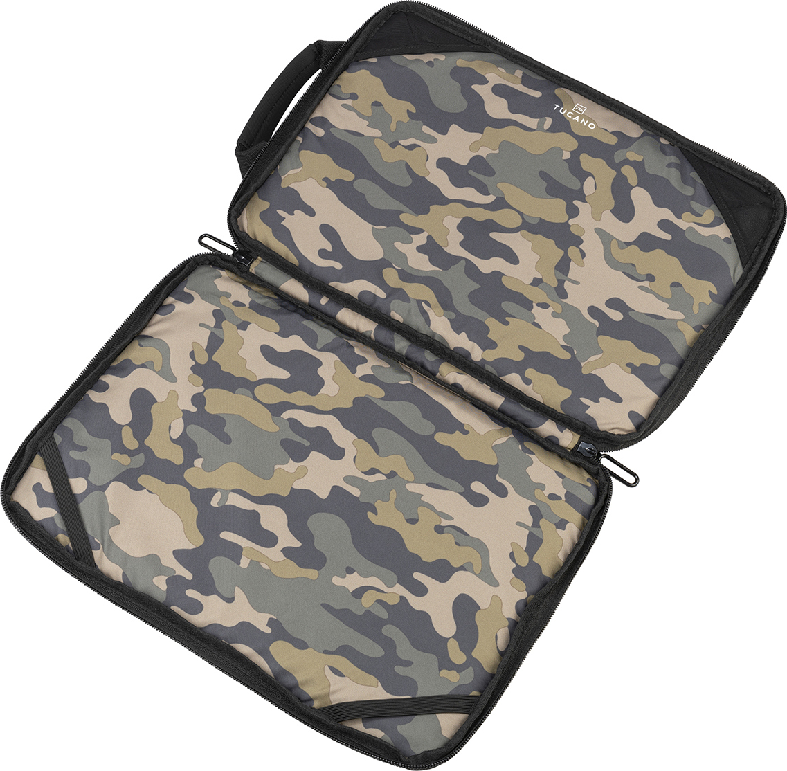 Housse d'ordinateur portable camouflage ouverte. Poignée et fermeture éclair. Motif camouflage à l'intérieur.