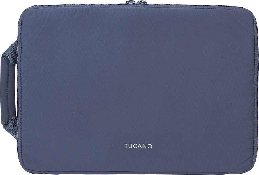 Housse pour ordinateur portable Tucano bleu foncé avec poignée et logo.