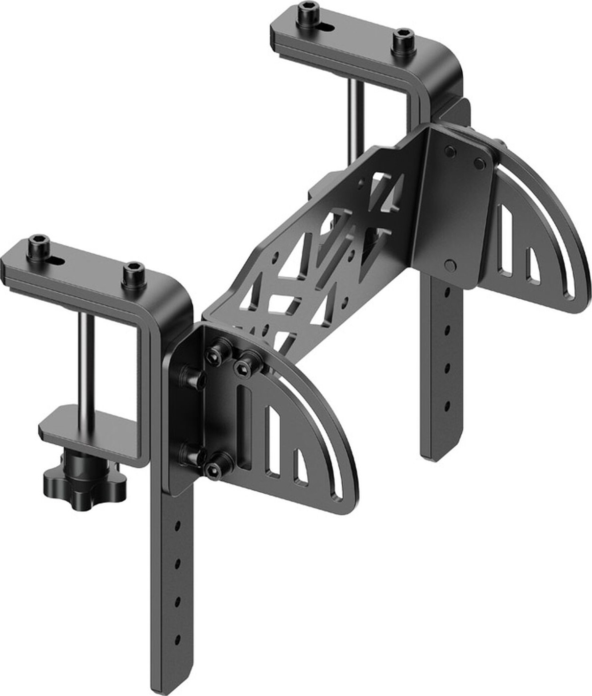 Support d'écran noir avec composants réglables, vue en angle.