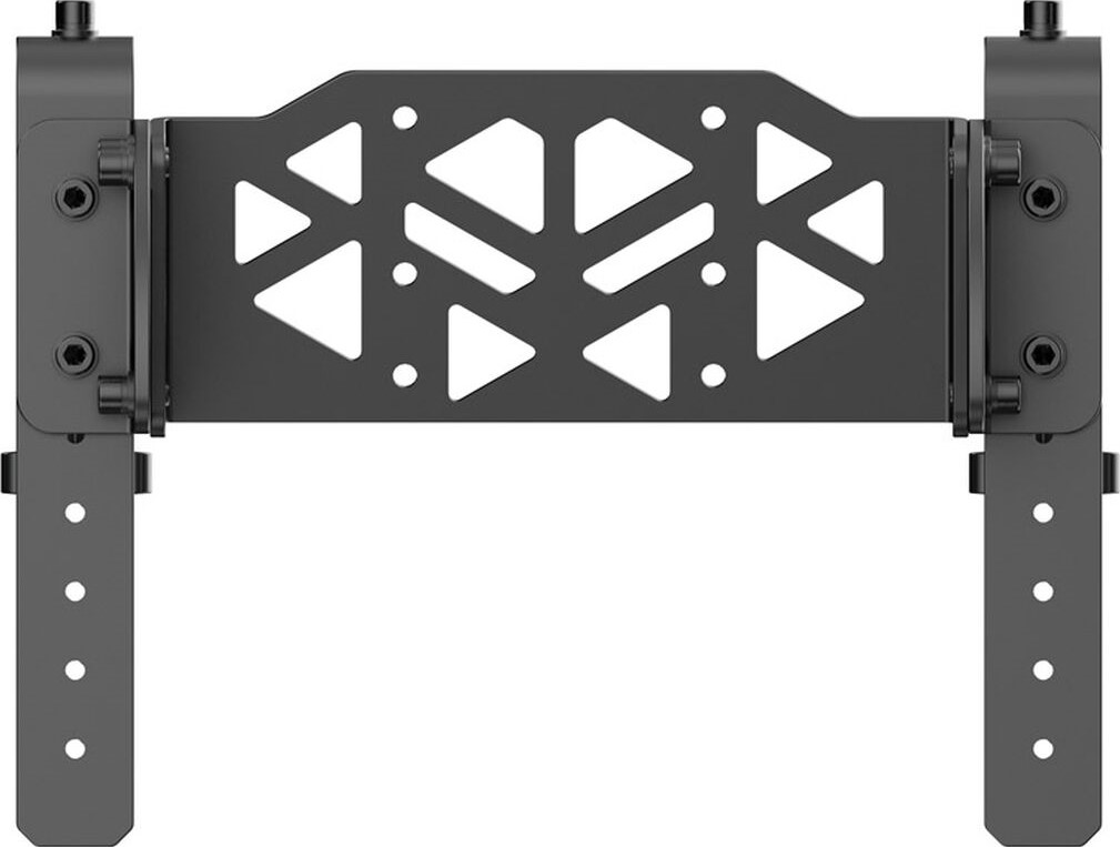 Support métallique noir avec un design géométrique et des trous de montage, isolé sur fond blanc.