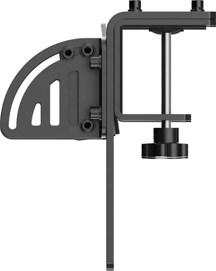 Support de moniteur noir avec pince réglable. Il possède un mécanisme rotatif. Noir et gris.