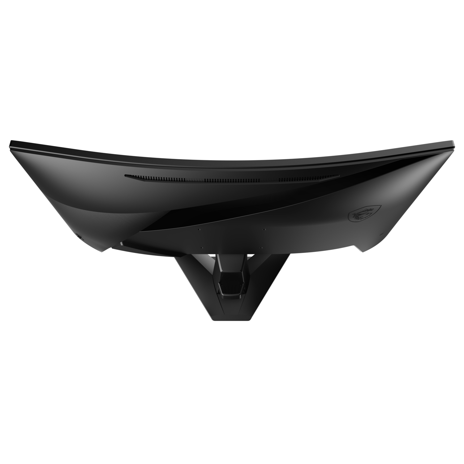 A top view of a curved black monitor on a black background.