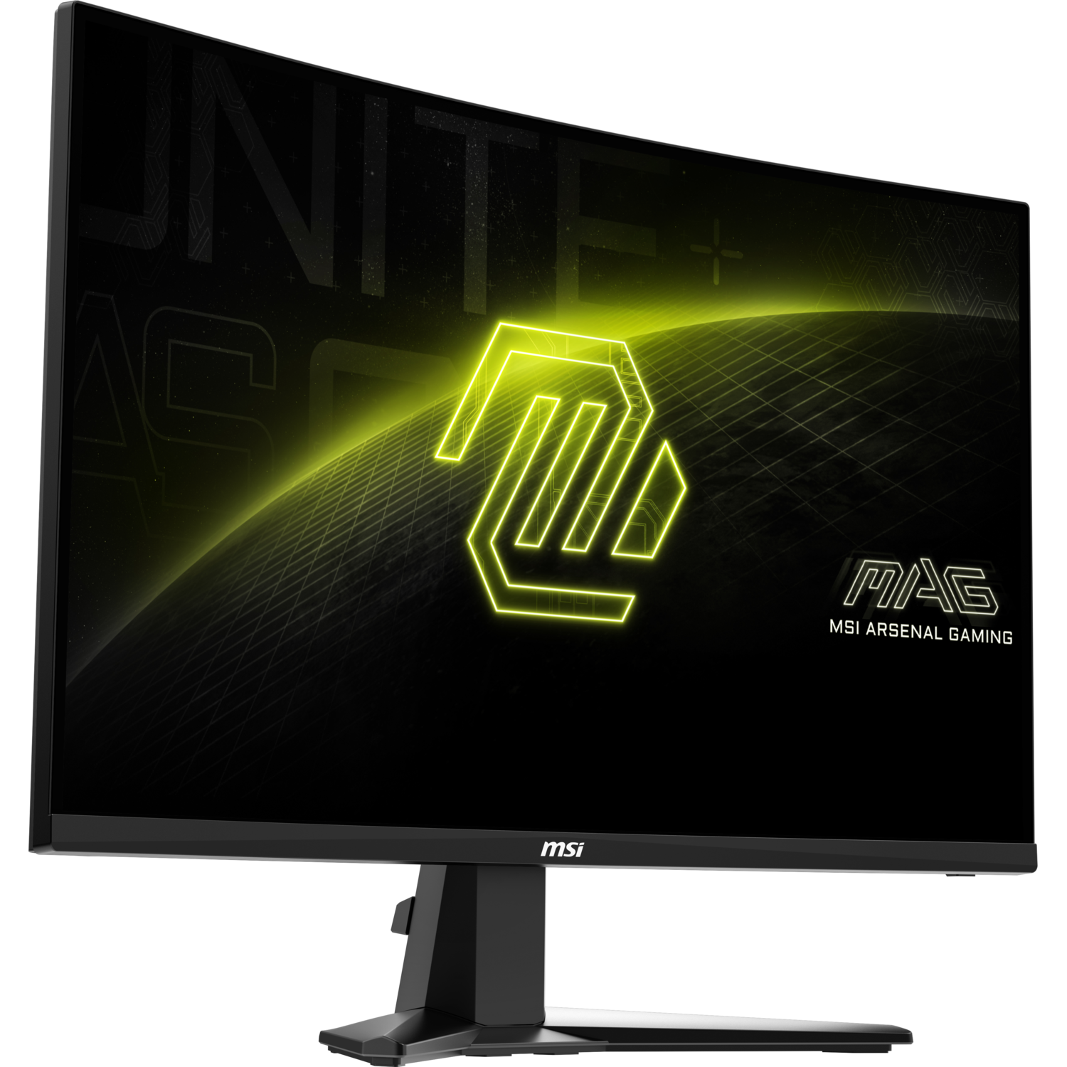 Black computer monitor, showing a neon green logo on a black background.