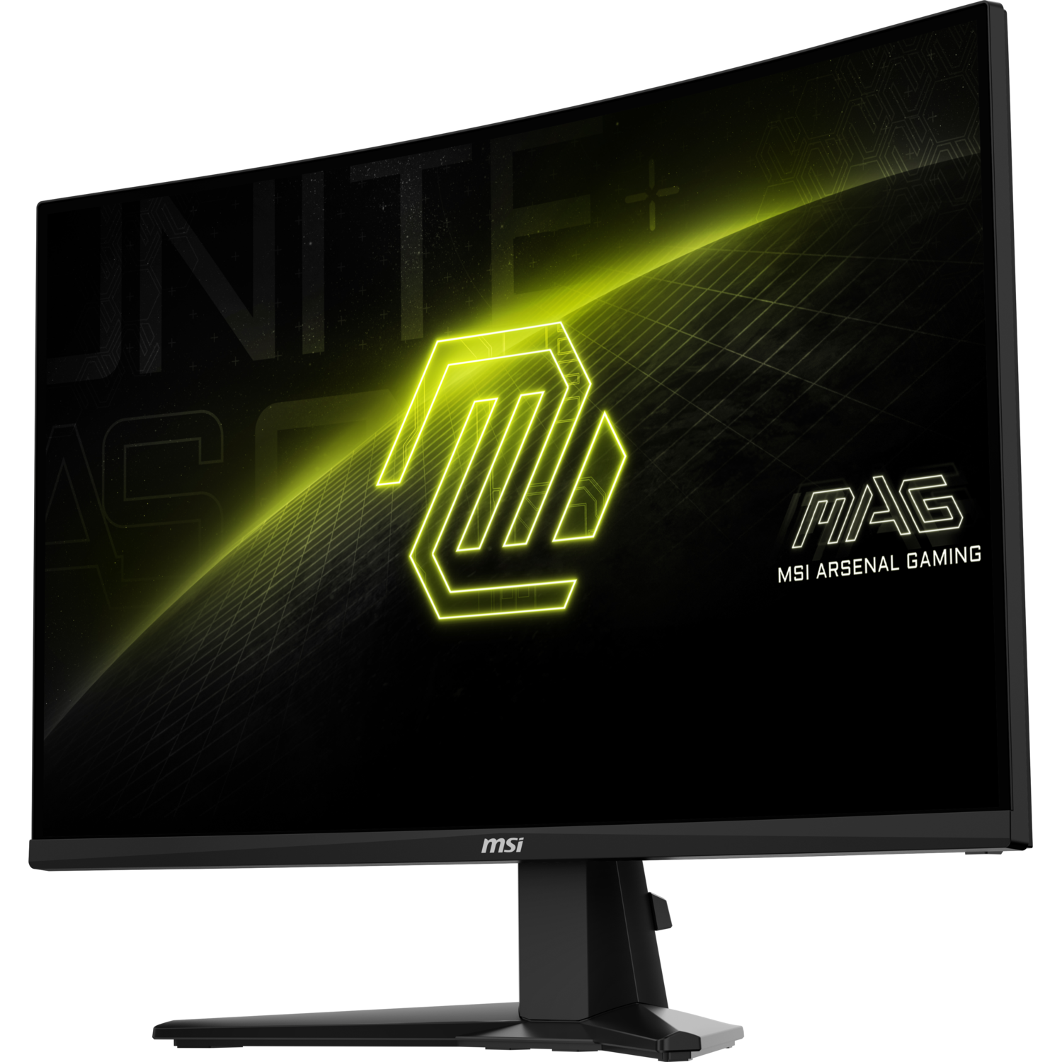 A curved monitor displaying a neon-green logo and text on a black background.