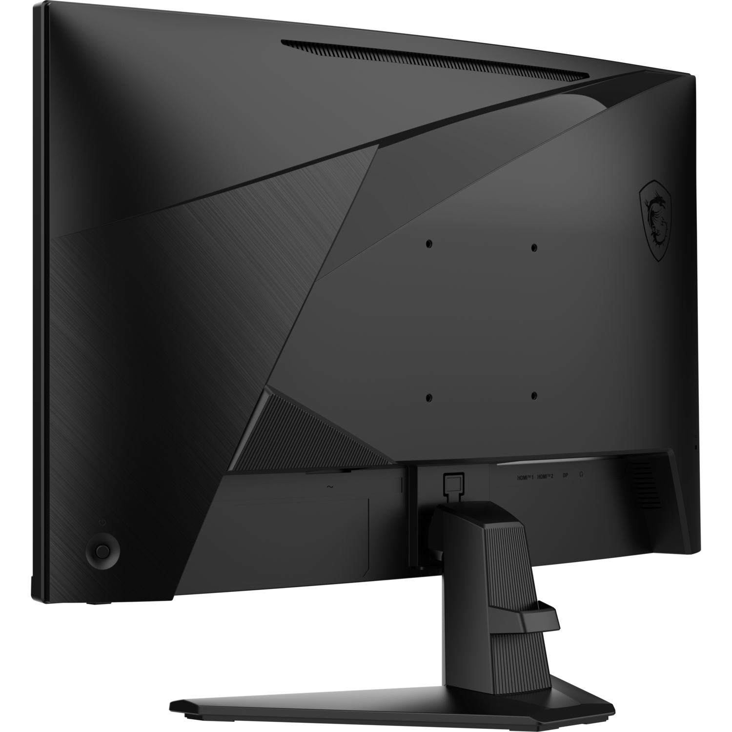 Achteraanzicht van een zwarte computermonitor met een standaard.