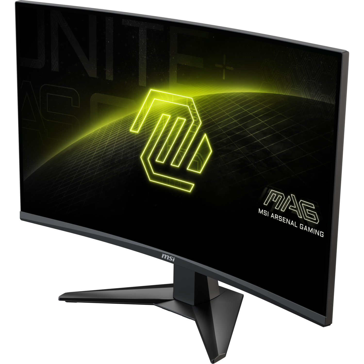 Gebogen MSI monitor met een logo op een zwarte achtergrond, met voet.