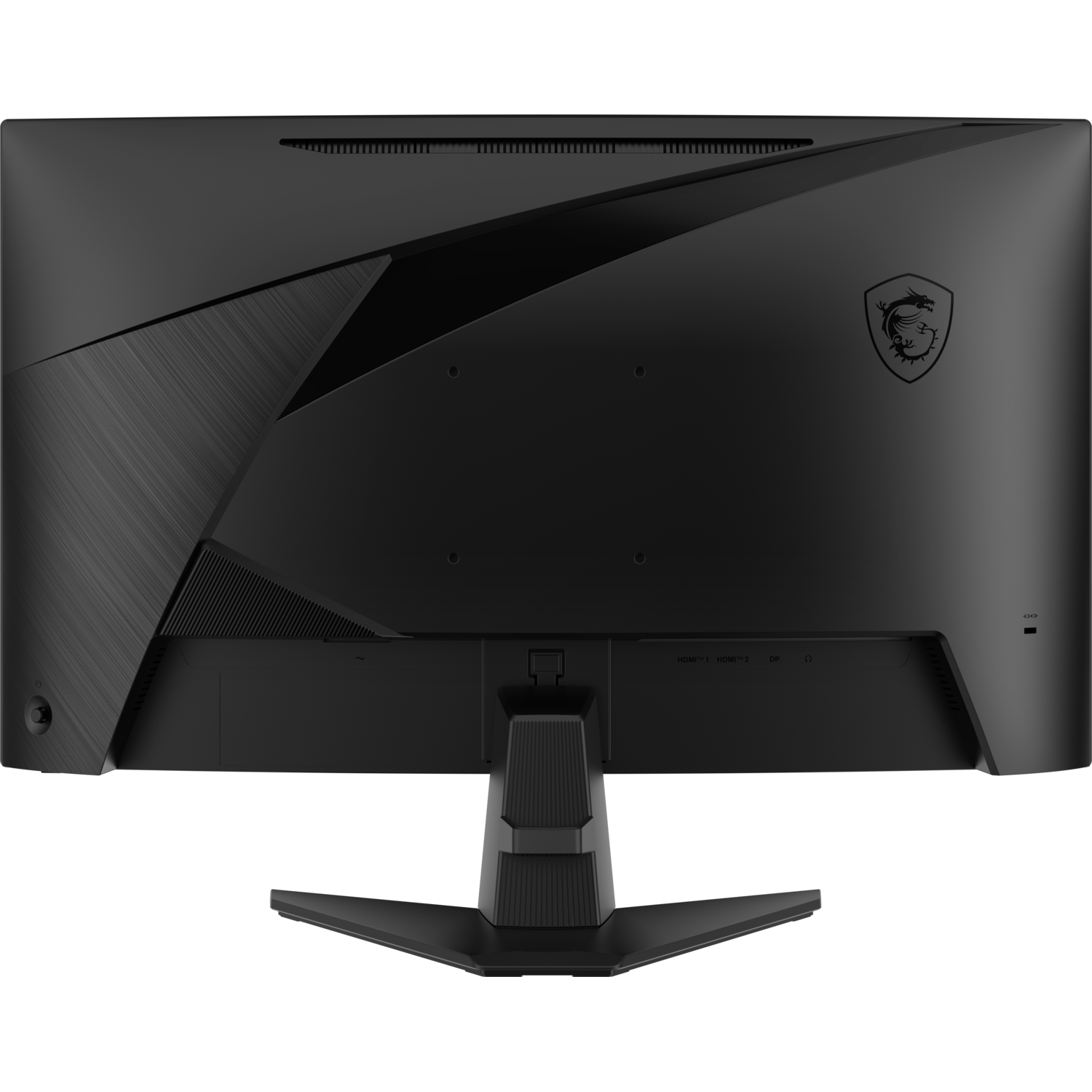 De achterkant van een zwarte MSI-monitor met het logo van het bedrijf wordt weergegeven.
