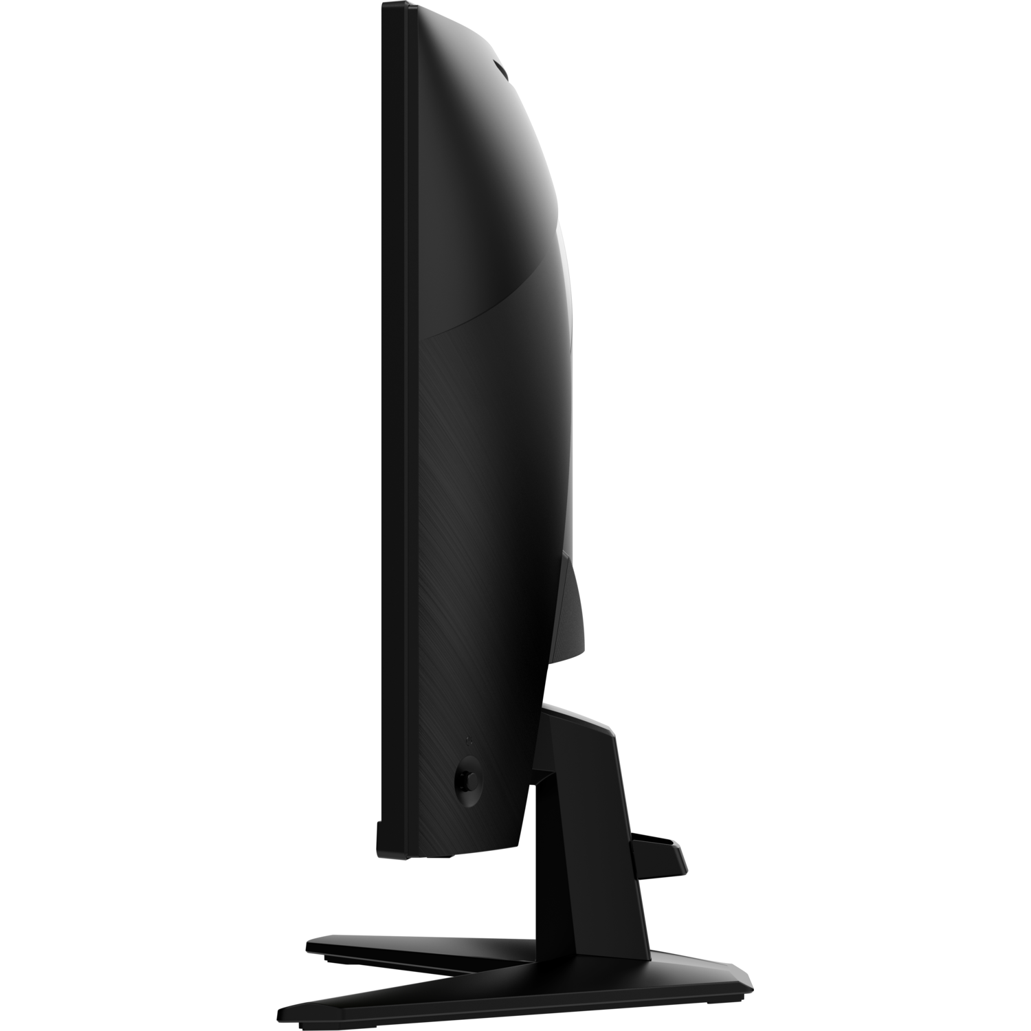 Een zwarte computermonitor, zijaanzicht, op een zwarte achtergrond.
