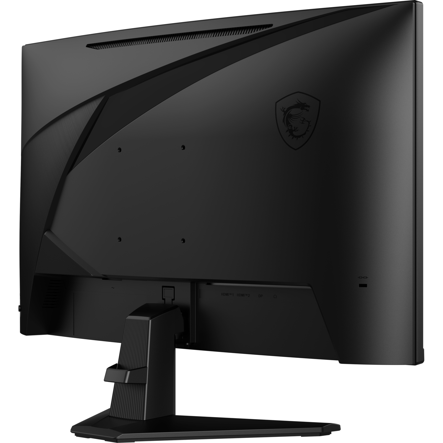 Achteraanzicht van een zwarte computermonitor met een standaard.