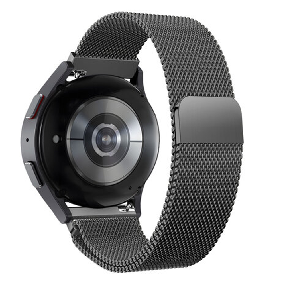 Reloj inteligente negro con correa de malla, diseño circular, vista lateral, fondo blanco.