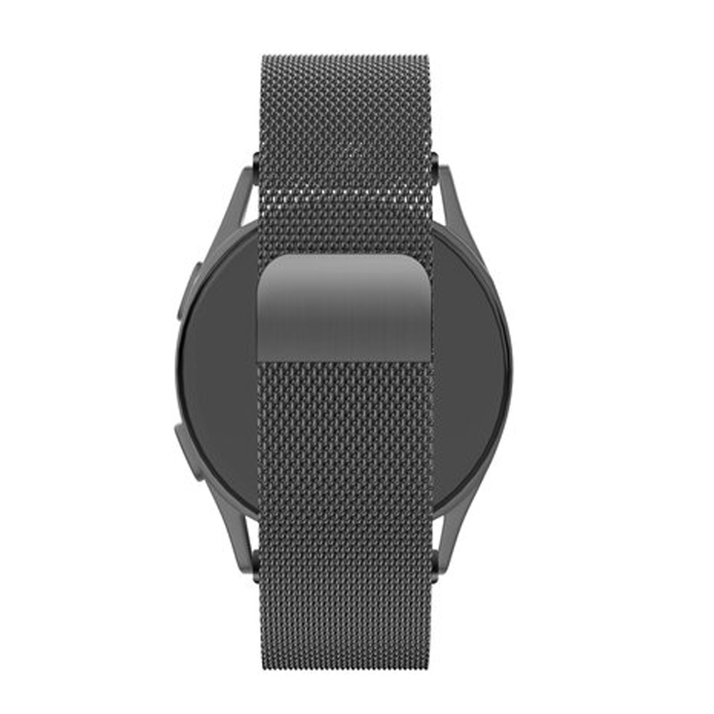 Smartwatch negro con correa metálica.