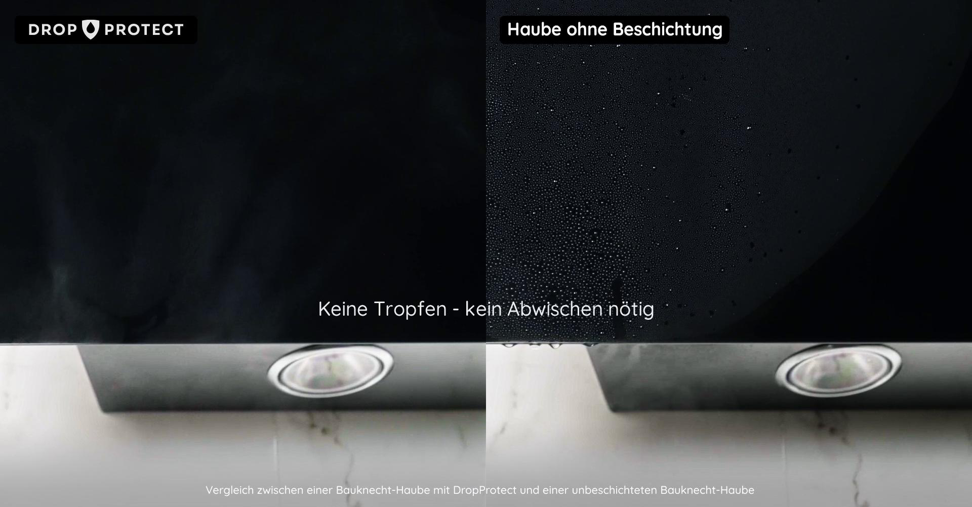 Ein Vergleich einer Haube mit und ohne Drop Protect. Die Haube ohne hat Wassertropfen darauf.
