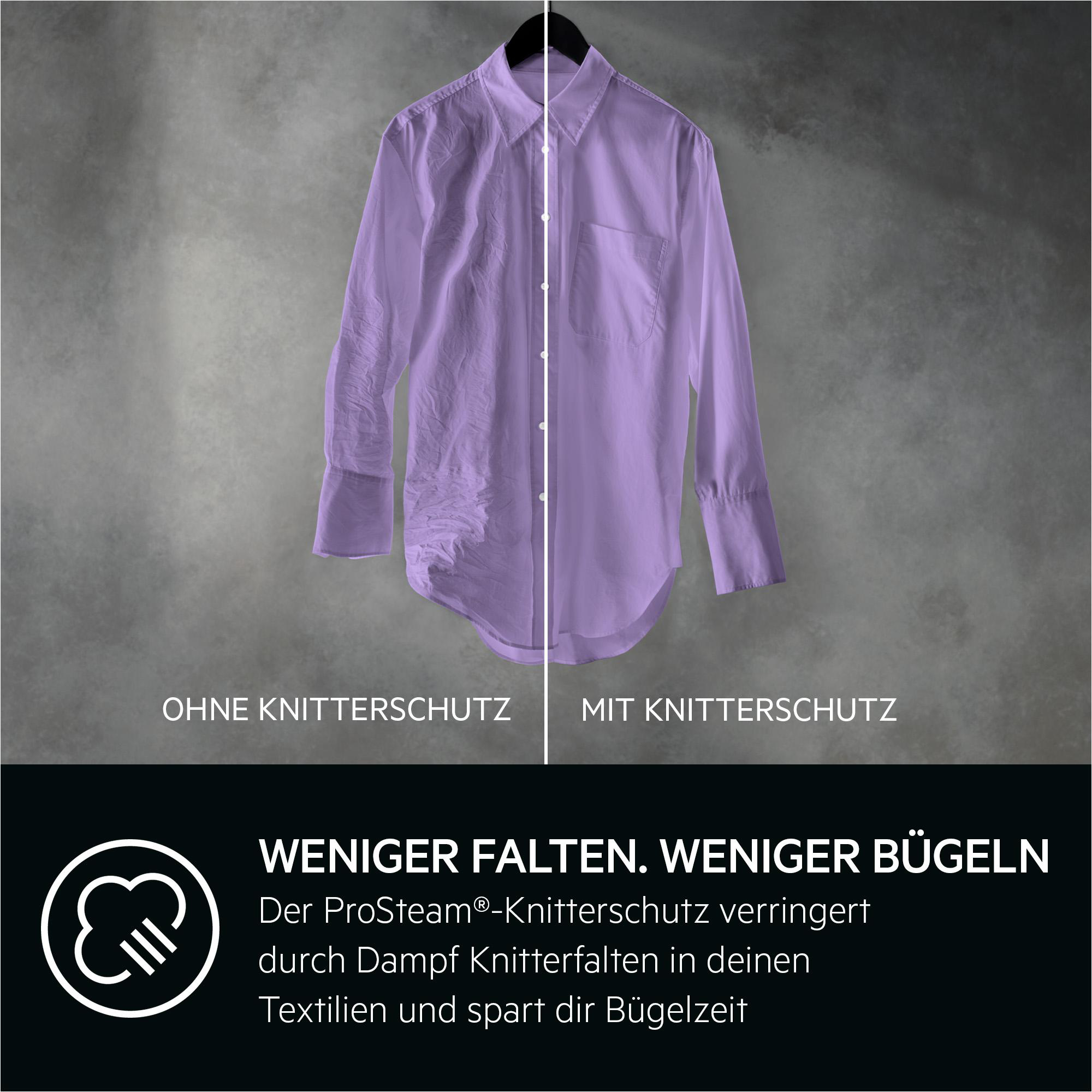 Hemd-Vergleich: Links zerknittert, 'ohne Knittershutz', rechts glatt, 'mit Knittershutz'.