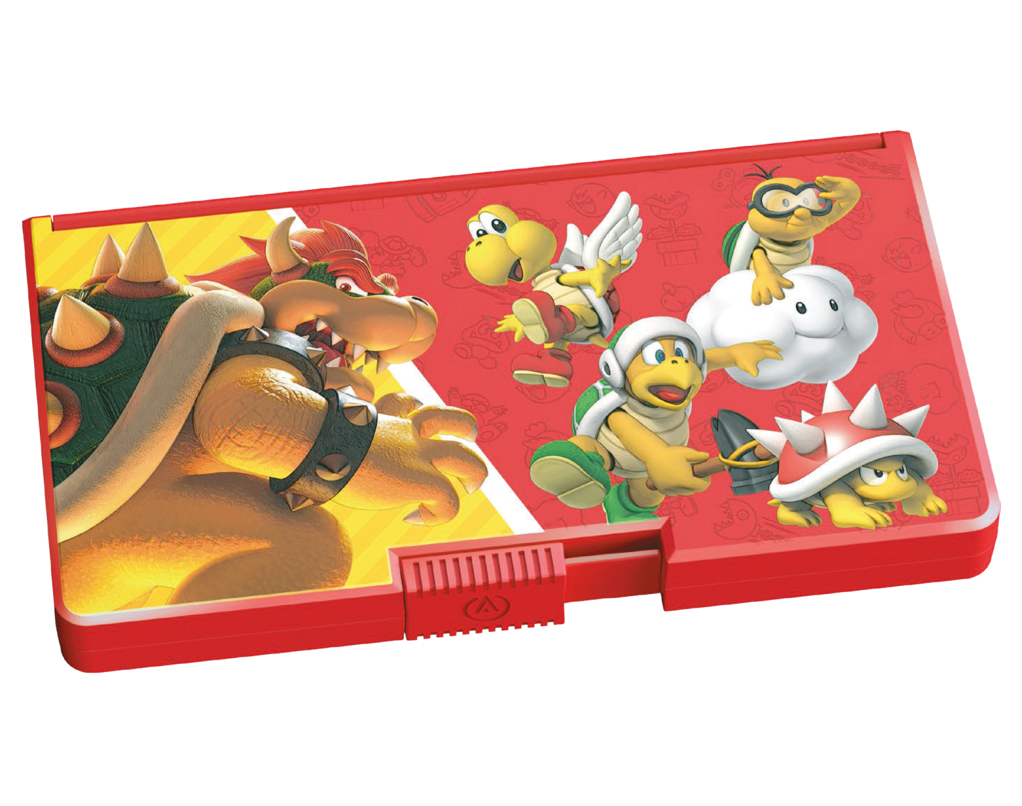 Rotes Federmäppchen mit Mario-Charakteren: Bowser, Koopa und Wolke.