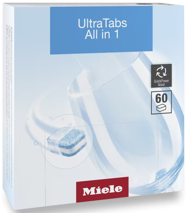Pudełko tabletek do zmywarki Miele UltraTabs All in 1, ze zdjęciem naczyń i napisem dla 60 tabletek.