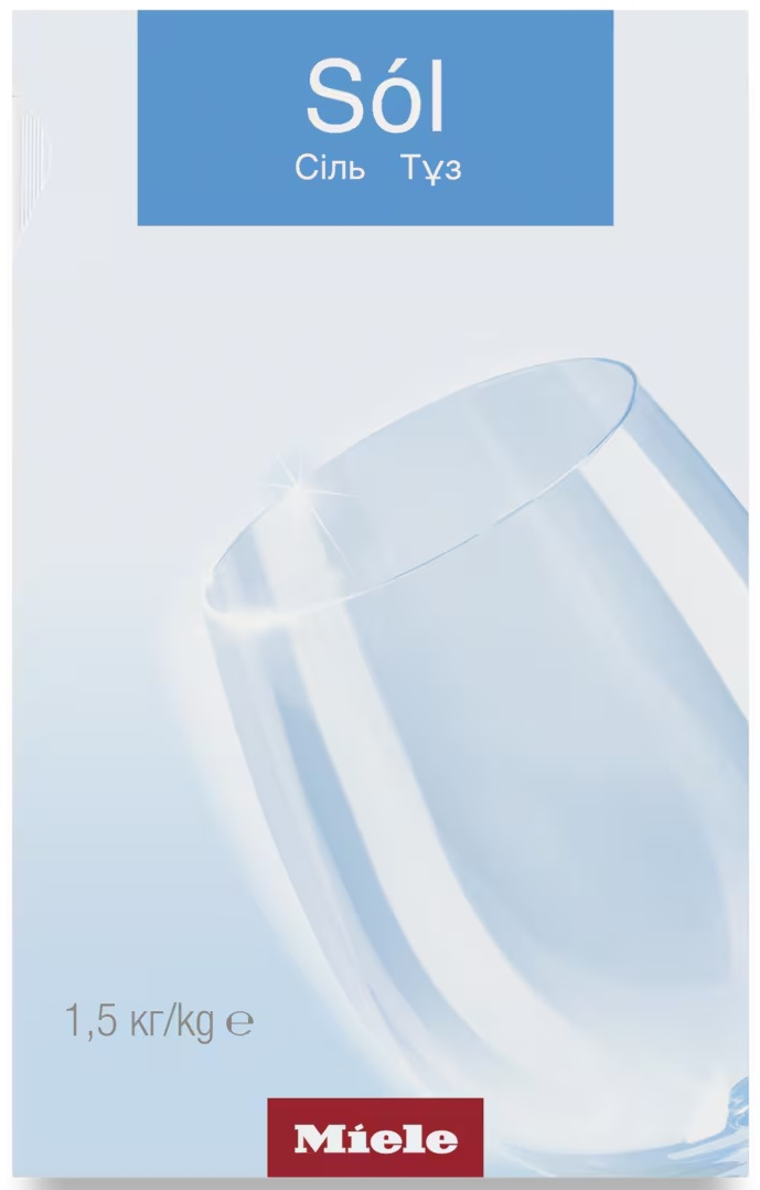 Pudełko soli z nazwą marki i logo Miele.