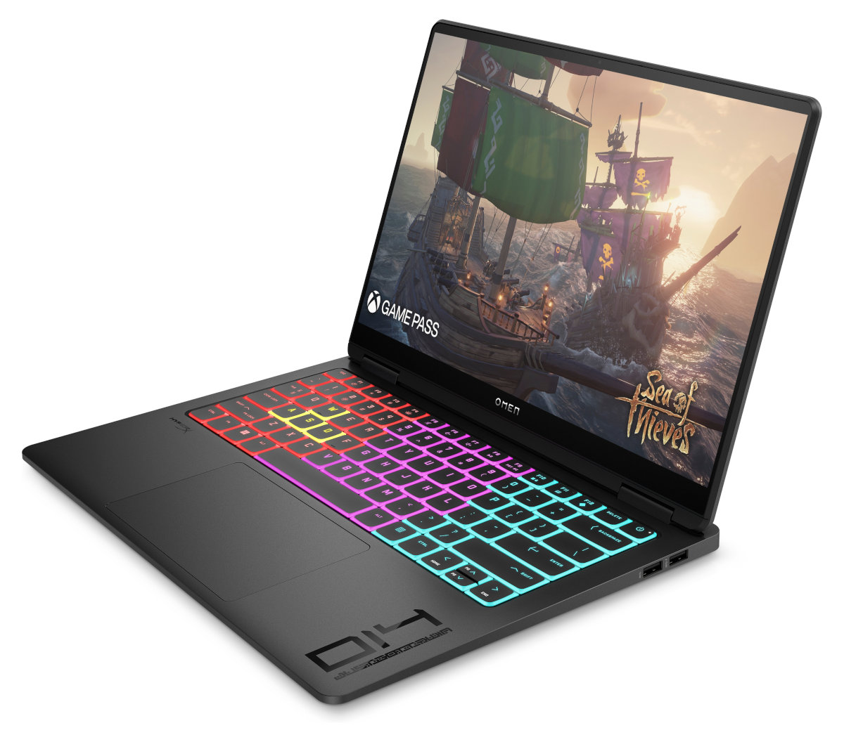 Czarny laptop z podświetlaną klawiaturą. Gra Sea of Thieves na ekranie. Widoczne logo OMEN.