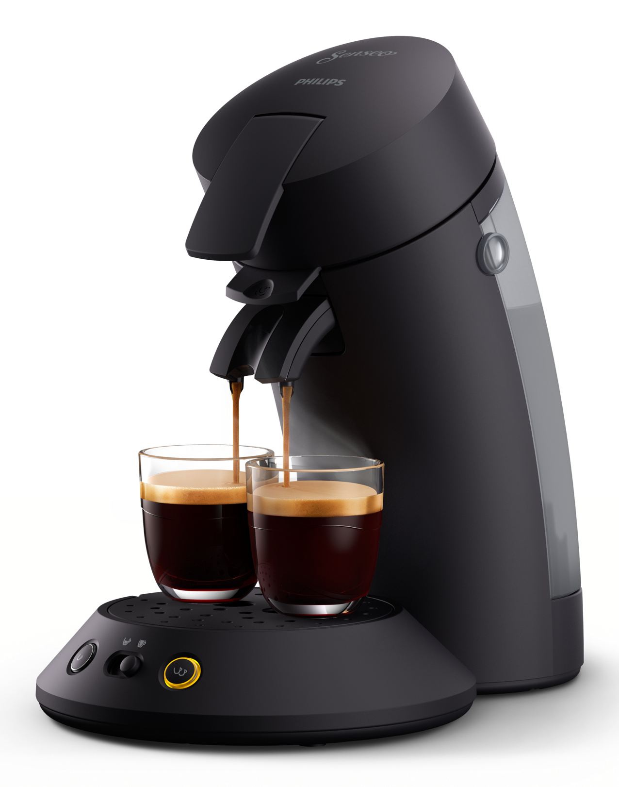 Eine schwarze Philips Senseo Kaffeemaschine, die Kaffee in zwei klare Gläser brüht.