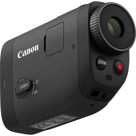 Eine schwarze Canon Action-Kamera mit Zoom- und Laserfunktionen. Der Hintergrund ist weiß.