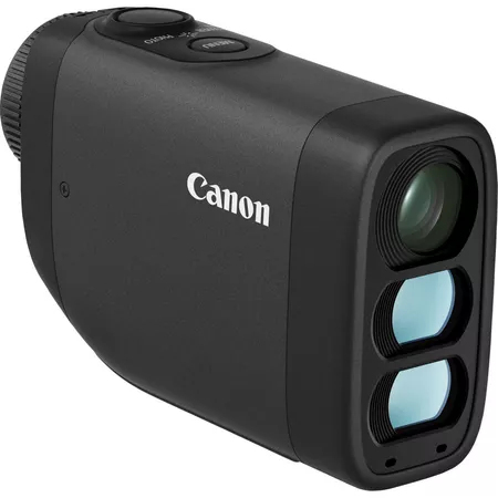 Schwarze Canon-Kamera mit Knöpfen und Objektiv.