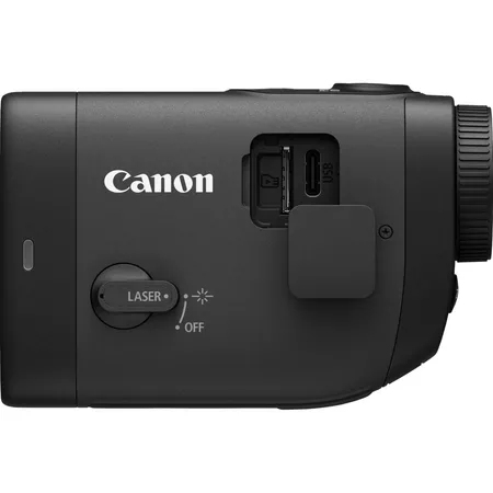 Schwarze Canon Kamera, Seitenansicht. Enthält Laser, USB-Anschluss und Bedienelemente.