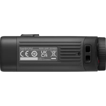 Schwarze Canon Powershot Golf Kamera, Unteransicht, mit Spezifikationen.