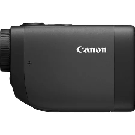 Ein schwarzer Canon-Projektor mit Canon-Logo, Seitenansicht, vor weißem Hintergrund.