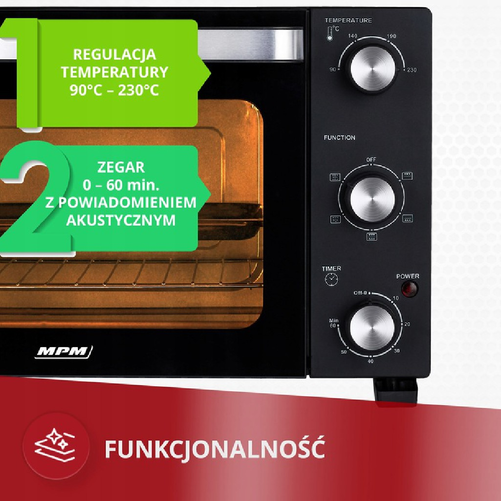 Piekarnik z pokrętłami i etykietami. Tekst mówi, że zakres temperatur to 90-230°C. Jest minutnik.