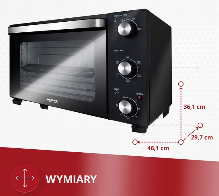 Czarny piekarnik elektryczny z wymiarami w cm. Ma pokrętła i timer, a drzwi są zamknięte.