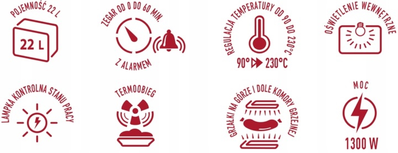 Ikony pojemności 22L, timera z alarmem, kontroli temperatury, oświetlenia wewnętrznego i innych funkcji.