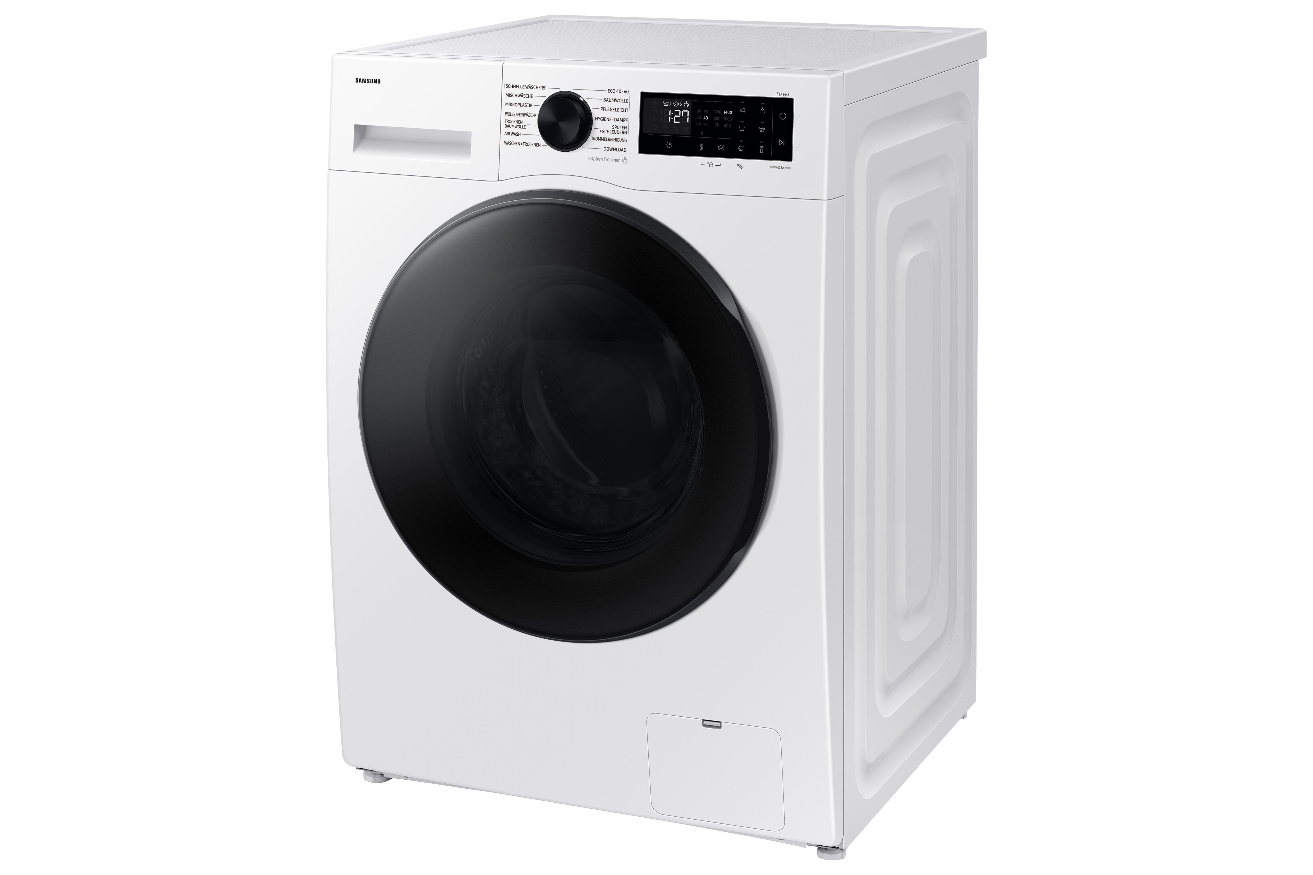Weiße Waschmaschine mit schwarzer Tür und Bedienfeld. Perspektivische Ansicht.
